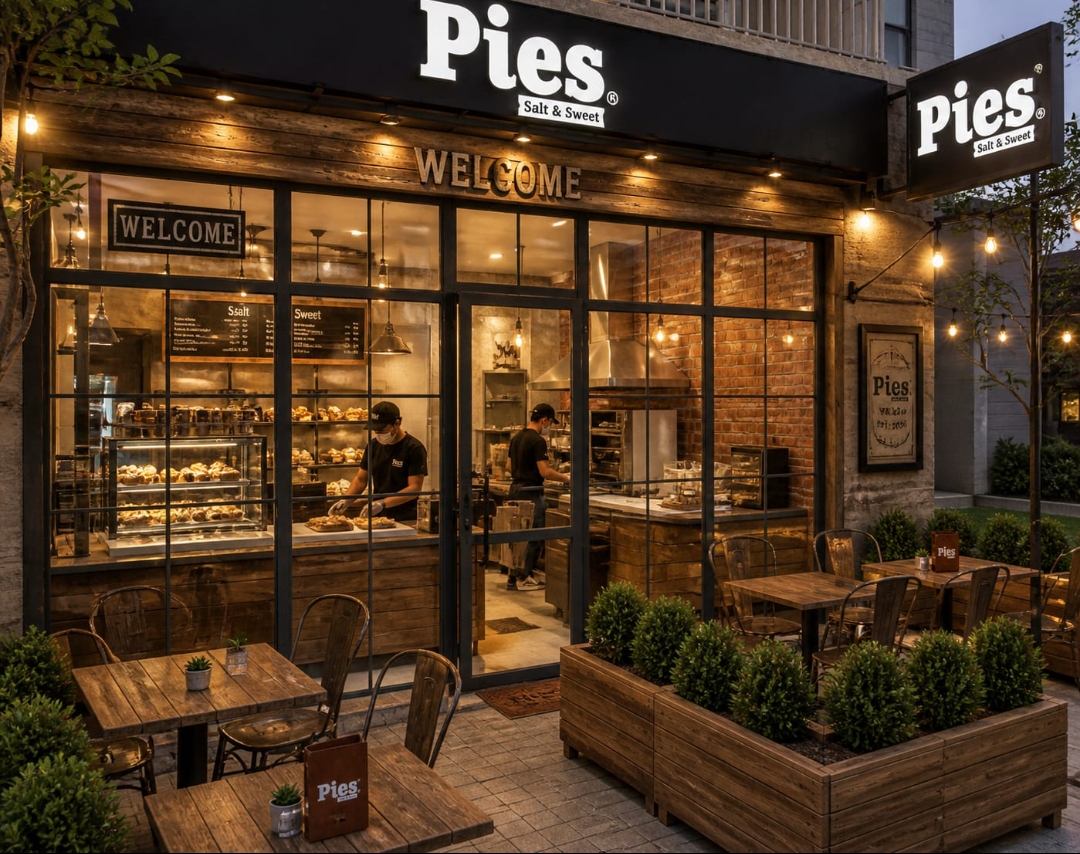 Pies Salt & Sweet storefront at dusk with warm string lights and outdoor seating